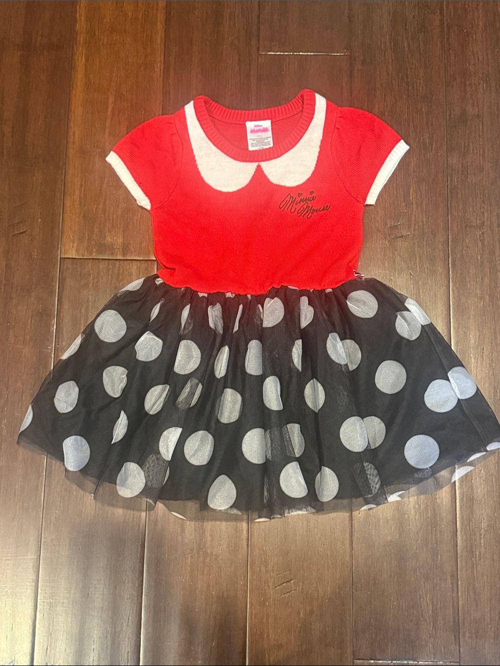 Disney Junior Minnie Mouse Red and Black knit & tulle Polka Dot Girls Dress sz4